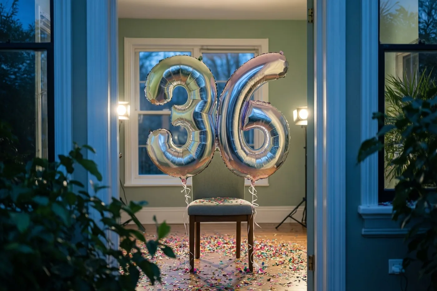 Zilveren folieballonnen in de vorm van 3 en 6 zijn aan een stoel vastgemaakt in een warm verlichte kamer met groene muren, ramen en confetti op de vloer.