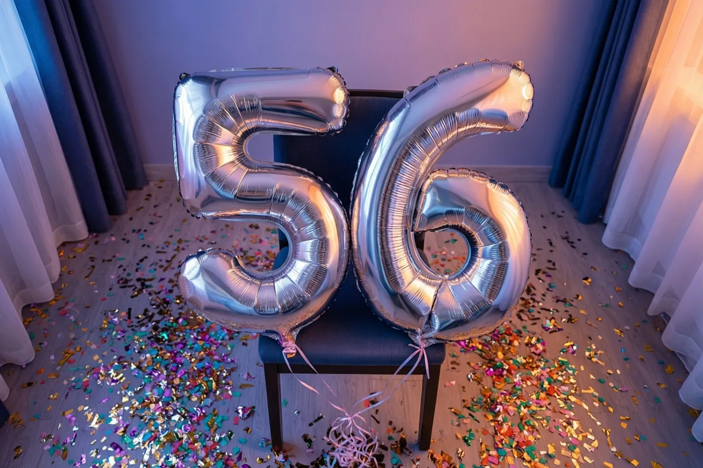 Twee grote zilveren folieballonnen vormen 56 aan een donkere stoel, met confetti op de vloer en zacht paars en warm oranje licht in de kamer.