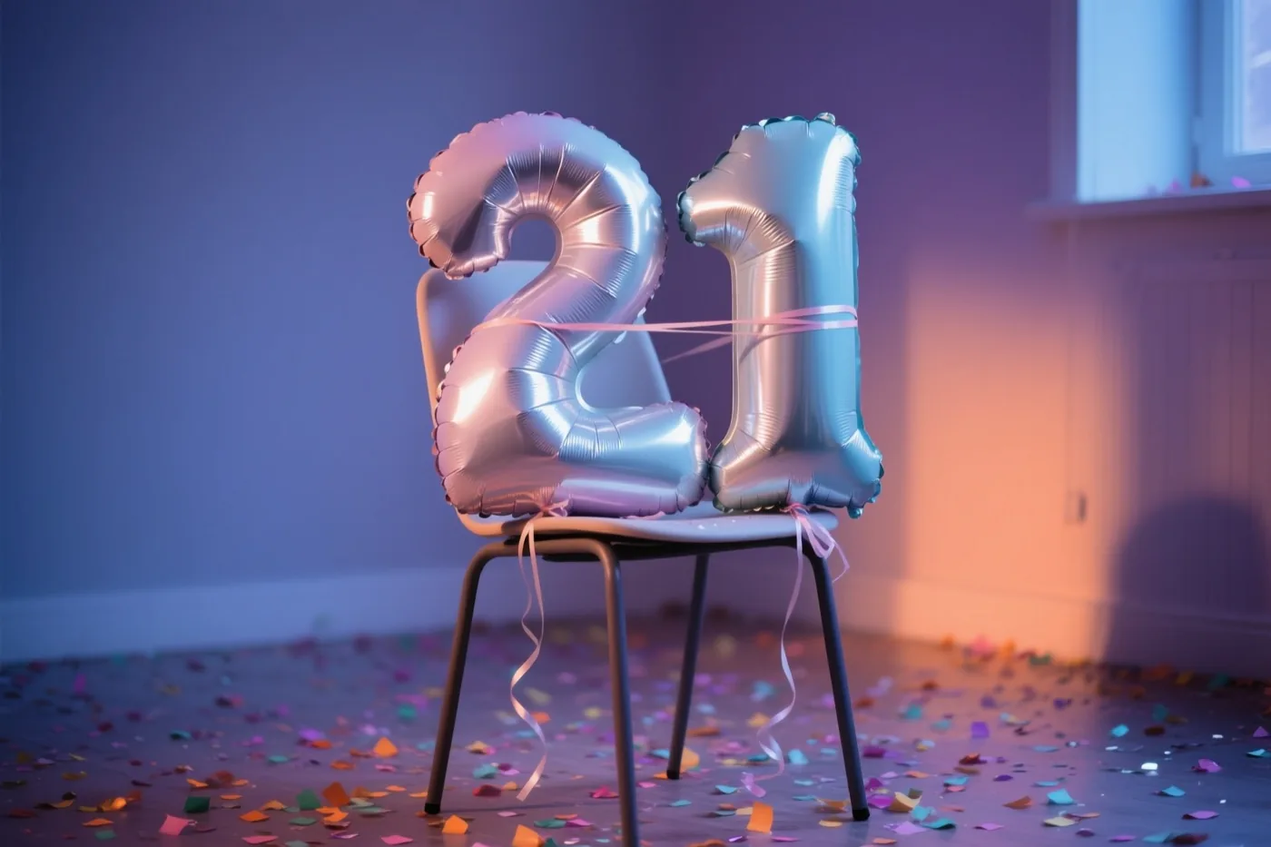 Twee samengebonden zilveren cijferballonnen vormen 21 op een stoel, met confetti op de vloer en zacht blauw en roze licht in de kamer.