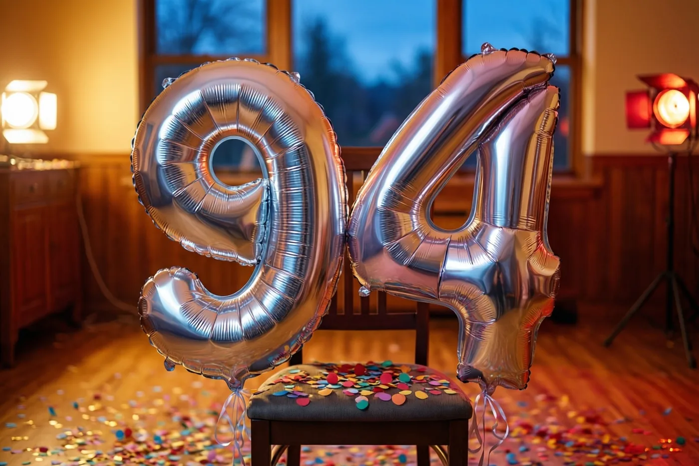 Twee grote zilveren folieballonnen vormen 94 aan een stoel in een warm verlichte kamer met confetti op de vloer, ramen en studiolampen op de achtergrond.