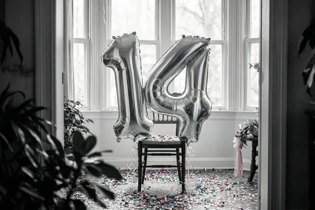Twee grote zilveren cijferballonnen vormen 14 aan een stoel in een lichte kamer met confetti op de vloer, in een grotendeels zwart-wit beeld met kleuraccenten.
