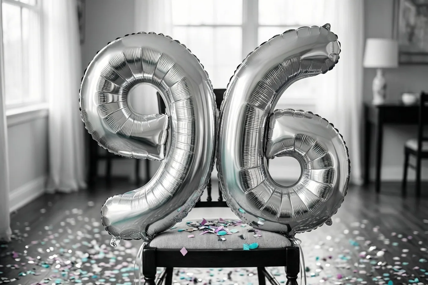 Zilveren folieballonnen vormen 96 aan een stoel in een lichte kamer met kleurrijke confetti op de vloer, terwijl de rest van het beeld monochroom is.