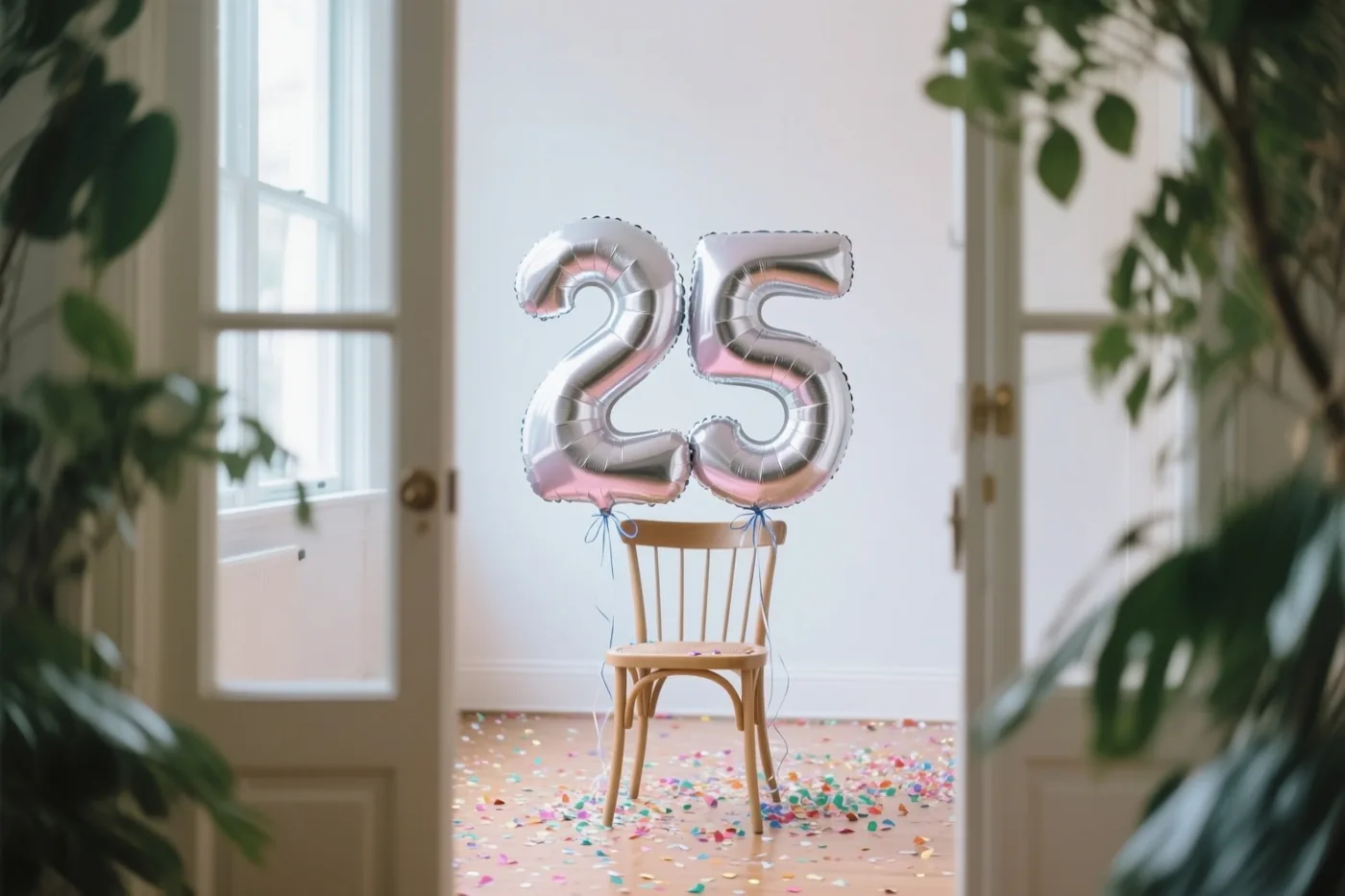 Twee zilveren folieballonnen vormen 25 aan een houten stoel in een lichte kamer met confetti op de vloer en groene planten aan weerszijden.