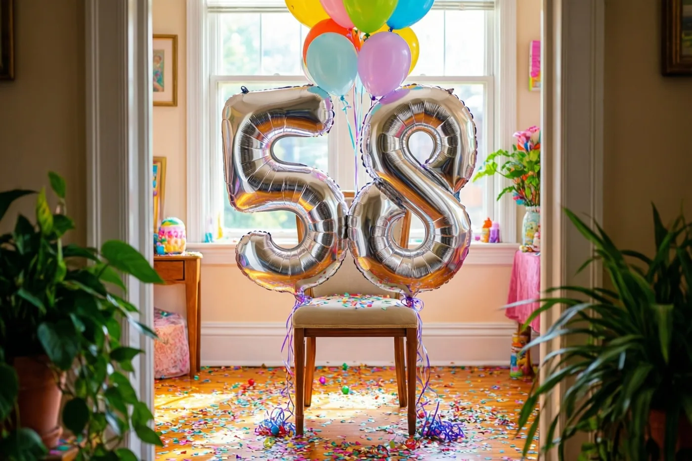 Zilveren folieballonnen 58 zijn aan een stoel gebonden in een lichte kamer met confetti op de houten vloer, pastelballonnen en kamerplanten.