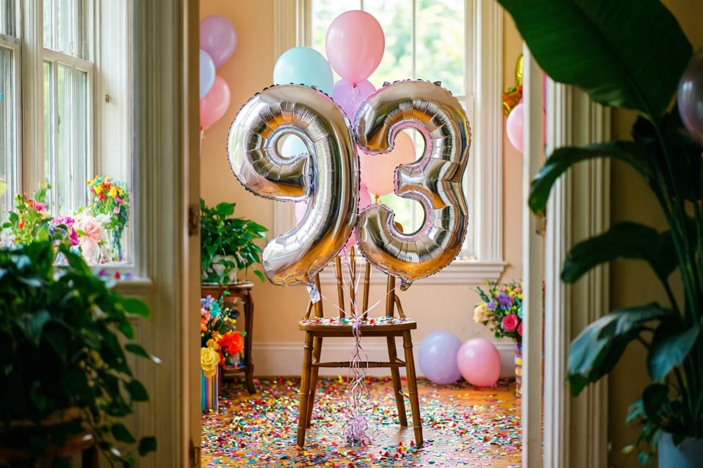 Zilveren cijferballonnen vormen 93 aan een houten stoel in een lichte kamer met kleurrijke confetti, pastelballonnen en potplanten.