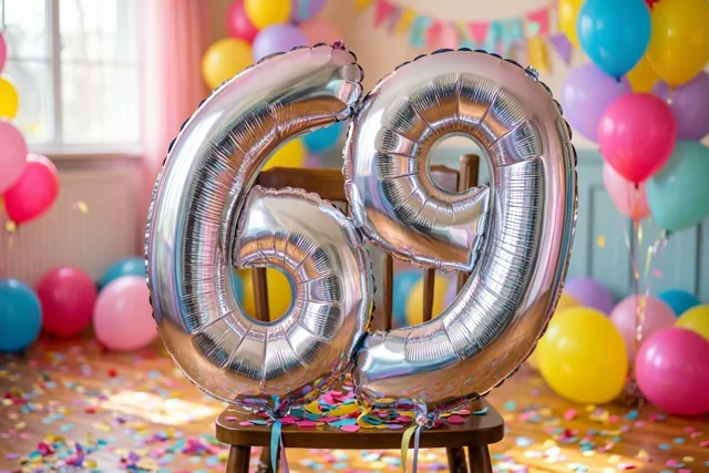 Grote zilveren folieballonnen vormen 69 aan een houten stoel in een lichte kamer met kleurrijke pastelballonnen en confetti op de vloer.