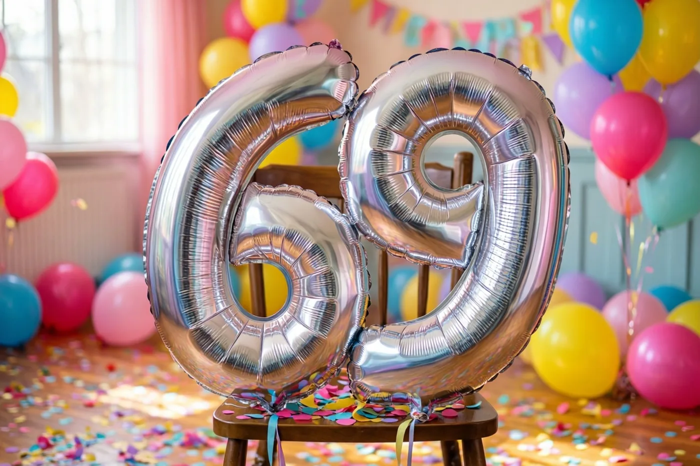 Grote zilveren folieballonnen vormen 69 aan een houten stoel in een lichte kamer met kleurrijke pastelballonnen en confetti op de vloer.