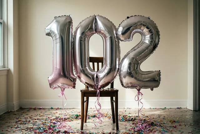 Drie grote zilveren folieballonnen vormen 102 boven een houten stoel in een lichte kamer met kleurrijke confetti, een beige muur en daglicht uit een raam.