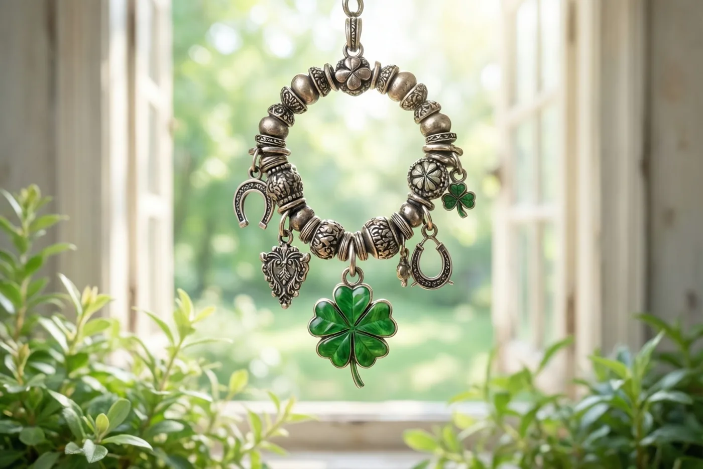 Een sierlijke zilveren bedelarmband met een groot groen klavertjevier en kleinere hoefijzers hangt voor een raam, omringd door groen blad in zacht daglicht.