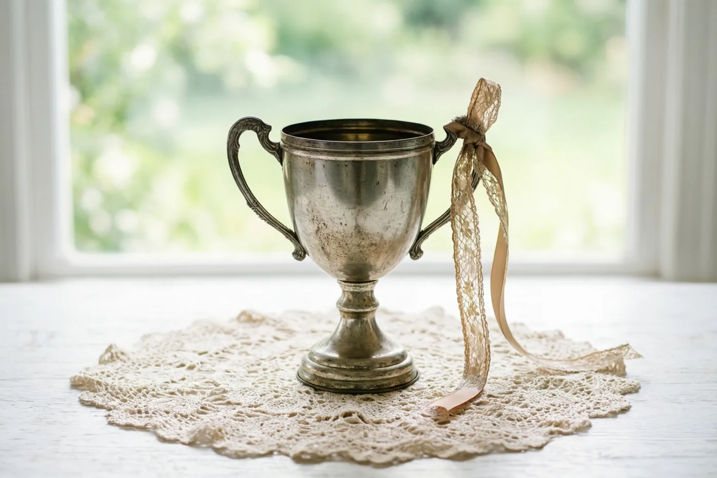 Een oude zilveren trofee met een lint staat op een kanten kleedje op een wit houten oppervlak, met een helder raam op de achtergrond.