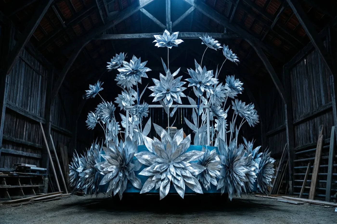 In een rustieke houten schuur wordt een grote carnavalswagen met reusachtige zilveren papieren bloemen opgebouwd onder één plafondlamp die een koele blauwe gloed geeft.