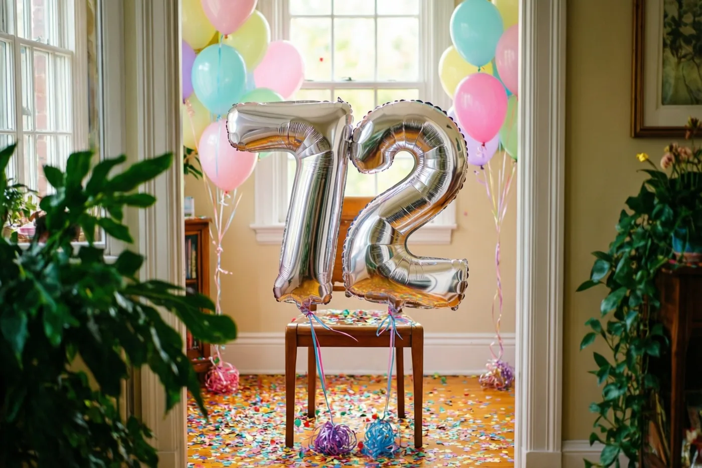 Een grote zilveren folieballon in de vorm van 72 hangt aan een houten stoel, met confetti op de vloer en pastelballonnen op de achtergrond.