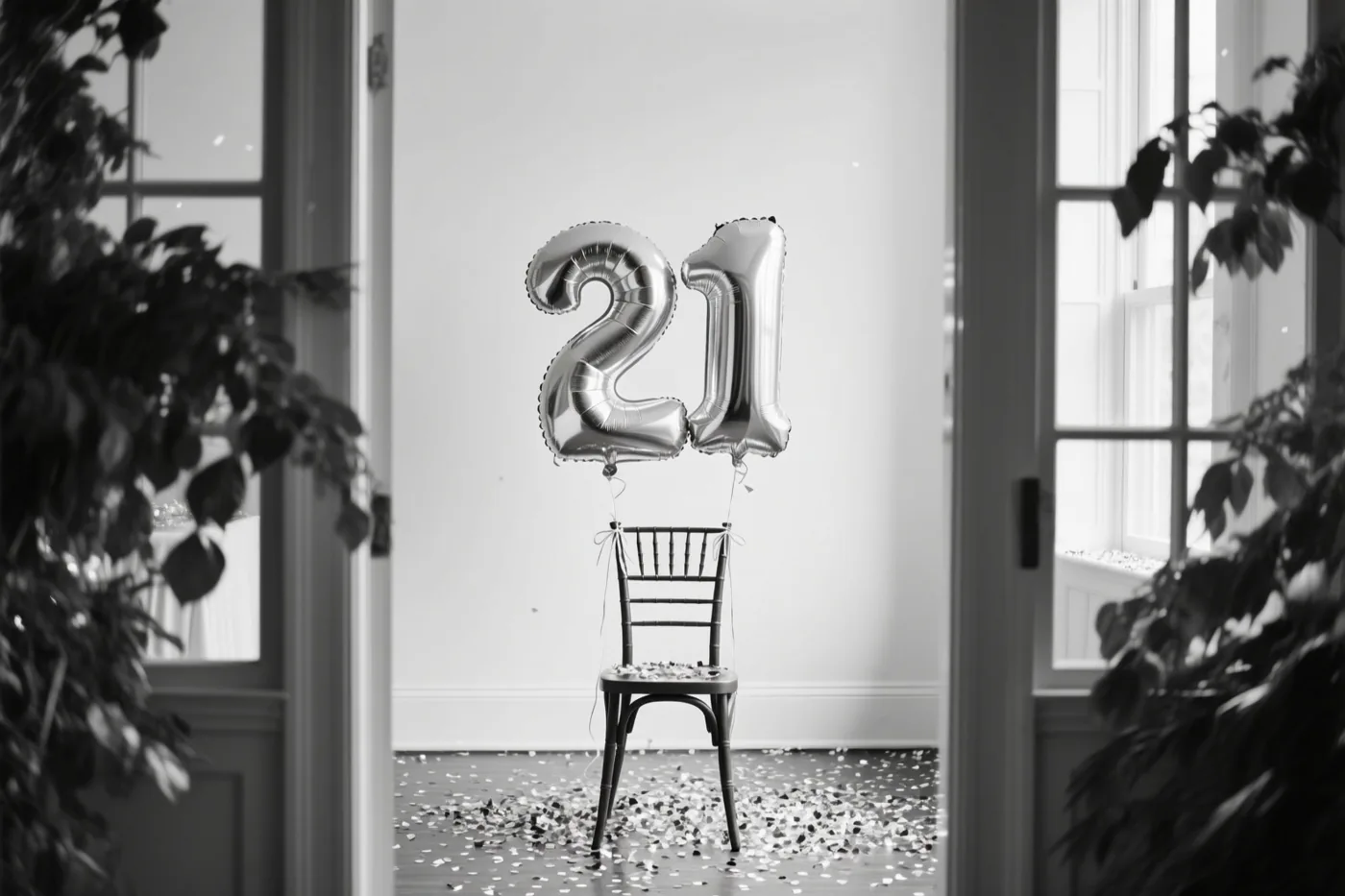 Een zilveren folieballon in de vorm van 21 is vastgemaakt aan een houten stoel in een lichte kamer met confetti, omlijst door deuropeningen en bladeren.