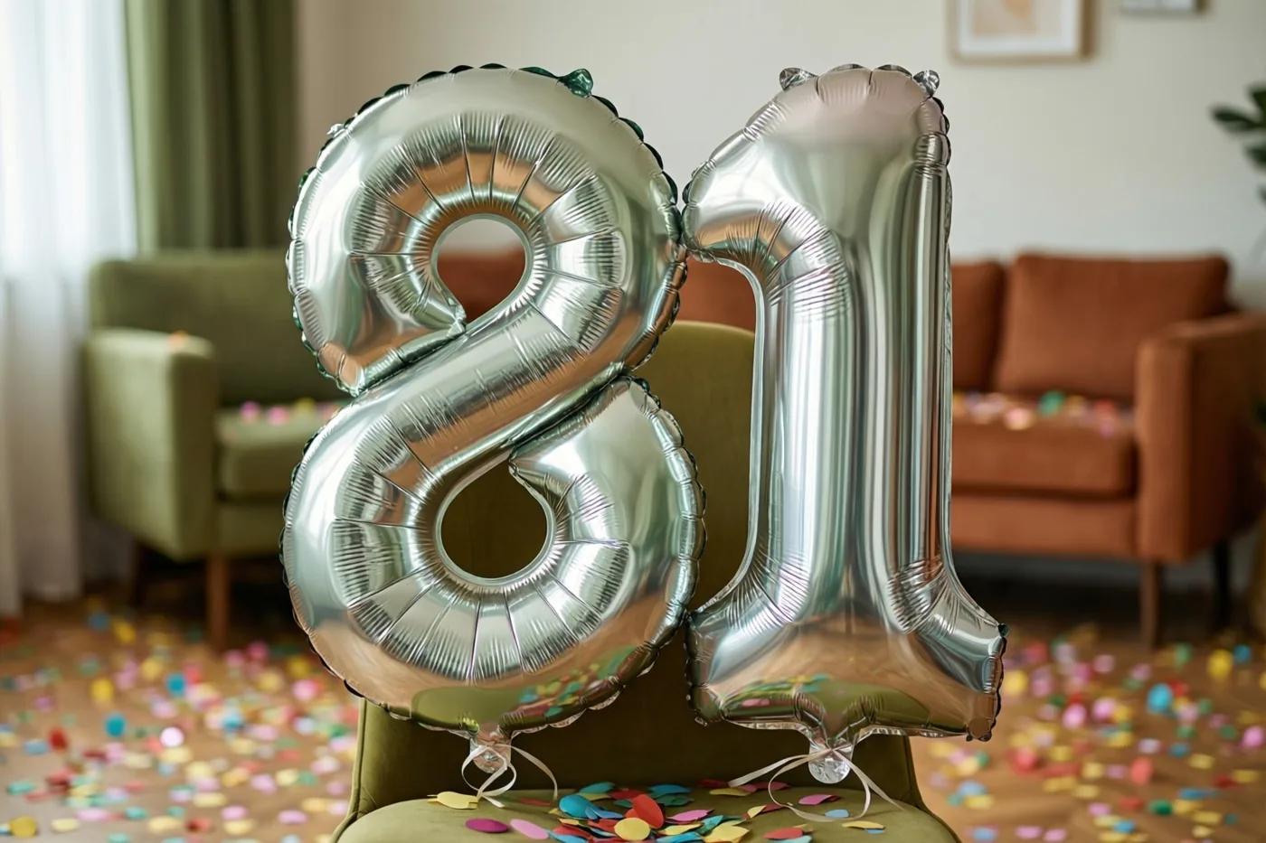 Twee grote zilveren folieballonnen vormen 81 aan een groene stoel in een lichte woonkamer met confetti op de vloer, een bruine zetel en gordijnen.