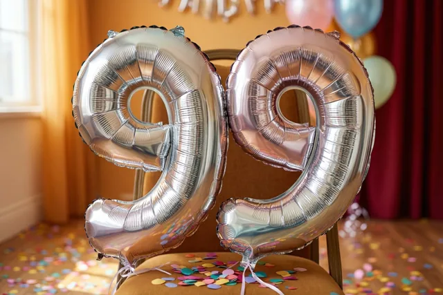Twee grote zilveren folieballonnen vormen 99 aan een stoel in een warm verlichte kamer, met kleurrijke confetti op de vloer en pastelballonnen op de achtergrond.
