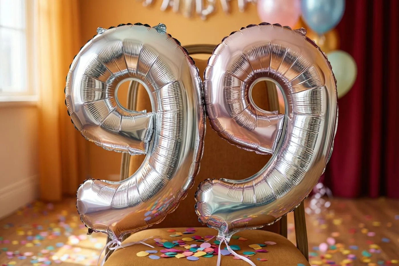 Twee grote zilveren folieballonnen vormen 99 aan een stoel in een warm verlichte kamer, met kleurrijke confetti op de vloer en pastelballonnen op de achtergrond.