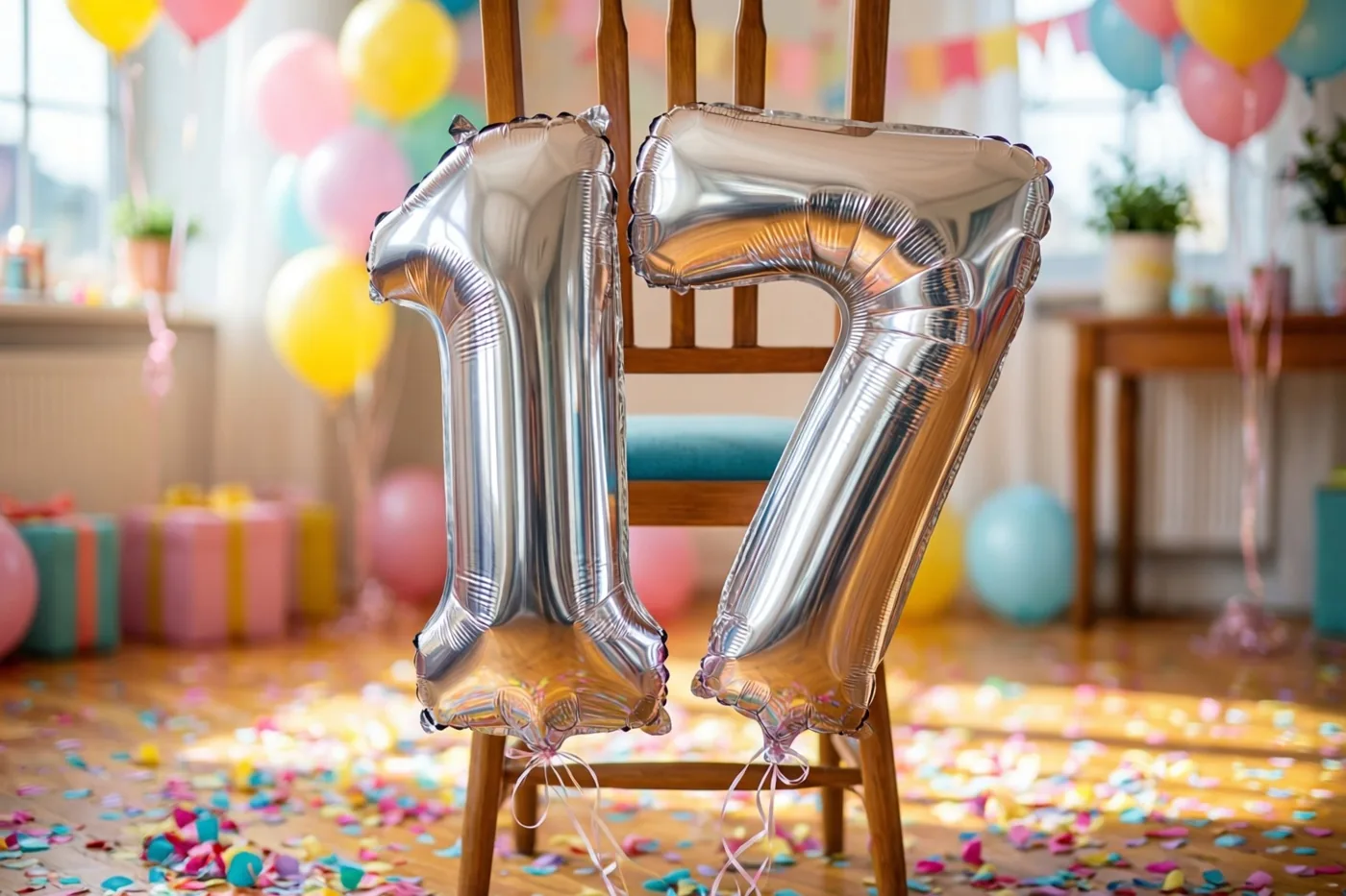 Twee grote zilveren folieballonnen vormen 17 aan een houten stoel in een helder verlichte kamer met kleurrijke confetti op de vloer en pastelballonnen achteraan.