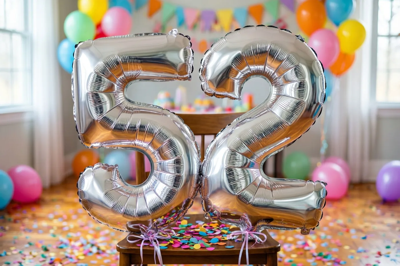 Twee grote zilveren folieballonnen vormen 52 aan een houten stoel in een lichte kamer met kleurrijke confetti en pastelballonnen op de achtergrond.