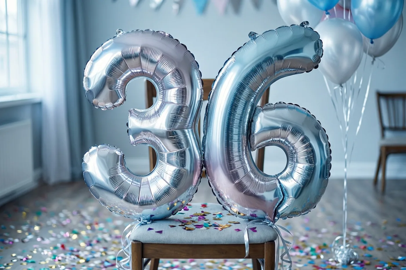 Zilveren folieballonnen in de vorm van 3 en 6 zijn aan een stoel vastgemaakt in een lichte kamer met kleurrijke confetti en pastelballonnen op de achtergrond.
