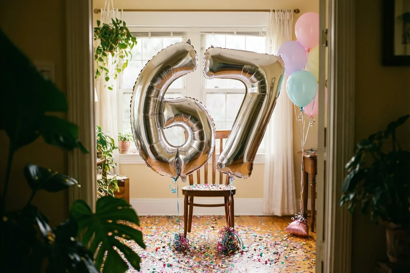 Twee grote zilveren folieballonnen vormen 67 aan een houten stoel in een lichte kamer, met kleurrijke confetti op de vloer en pastelballonnen op de achtergrond.
