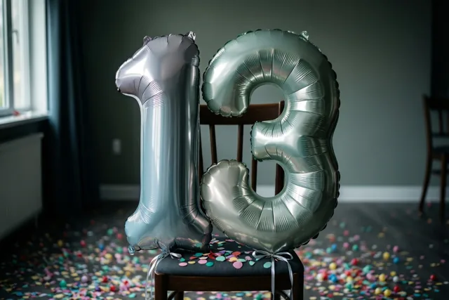 Twee grote zilveren folieballonnen vormen 13 aan een stoel in een kamer met kleurrijke confetti op de vloer en daglicht uit een raam.