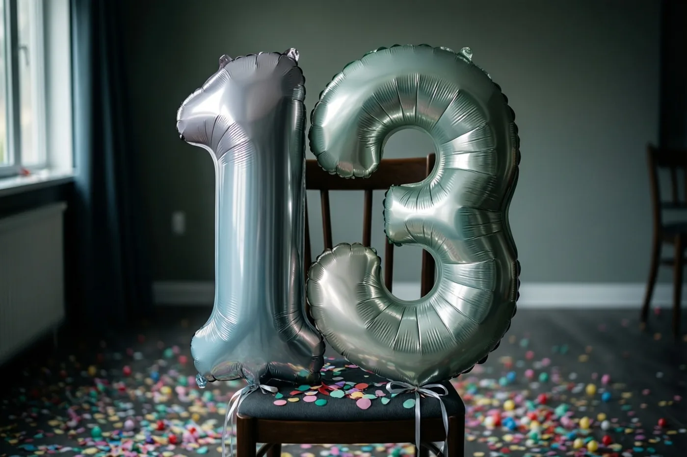 Twee grote zilveren folieballonnen vormen 13 aan een stoel in een kamer met kleurrijke confetti op de vloer en daglicht uit een raam.
