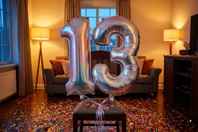 Twee grote zilveren folieballonnen vormen 13 aan een stoel in een warm verlichte woonkamer met confetti op de vloer en een zetel, lampen en ramen op de achtergrond.