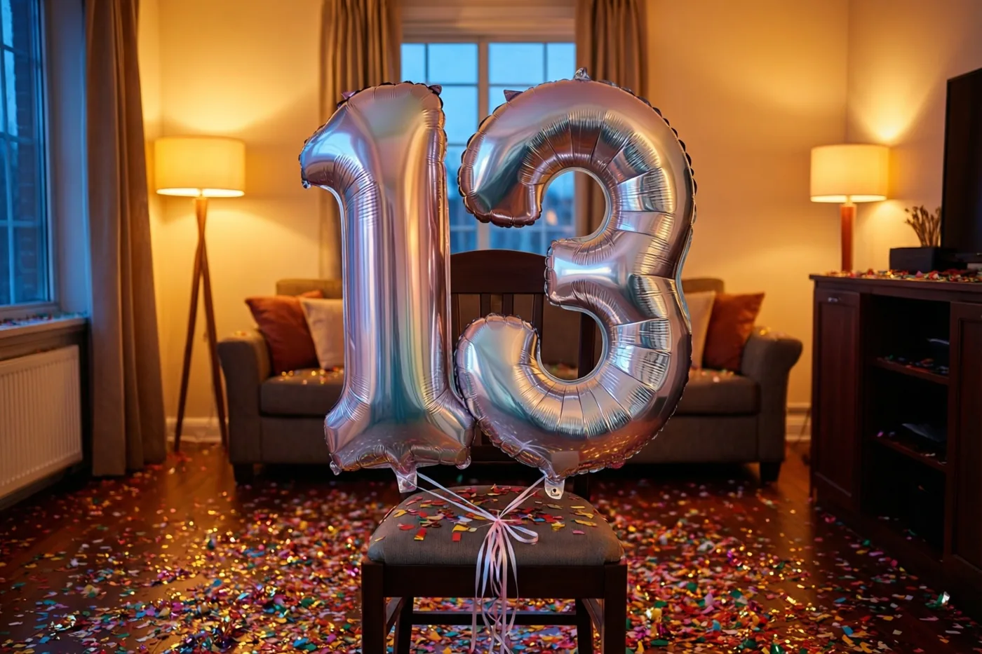 Twee grote zilveren folieballonnen vormen 13 aan een stoel in een warm verlichte woonkamer met confetti op de vloer en een zetel, lampen en ramen op de achtergrond.