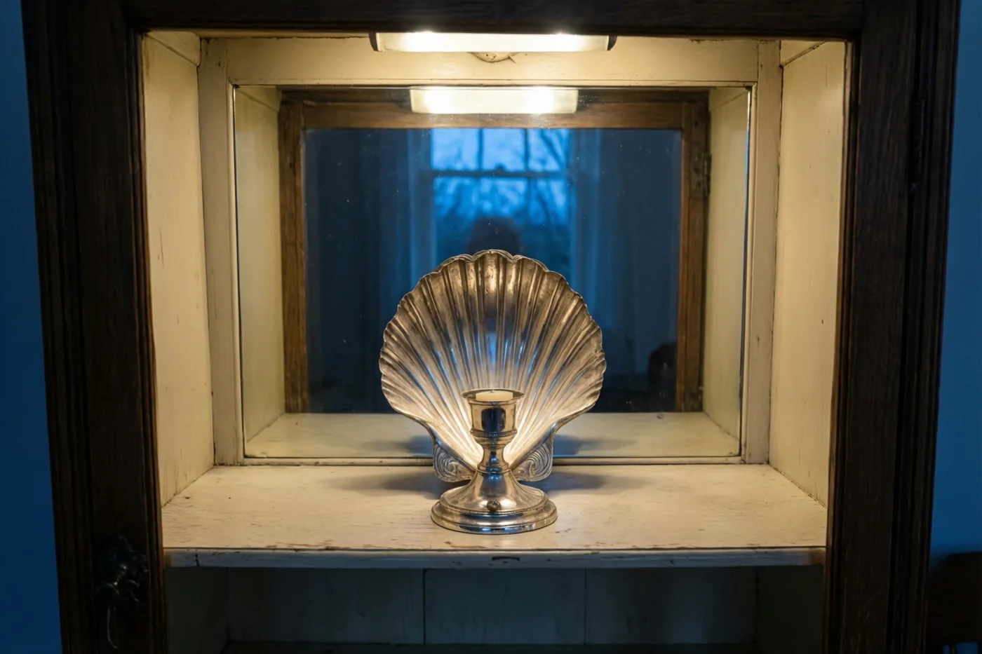 Een oude zilveren doopschelp en kandelaar staan op een plank in een houten kast met glazen voorkant, warm verlicht tegen een koelblauwe achtergrond.