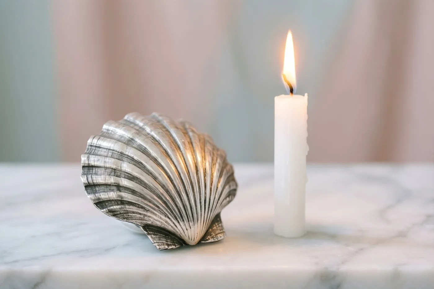 Een zilveren doopschelp ligt naast een brandende slanke witte kaars op een wit marmeren oppervlak.