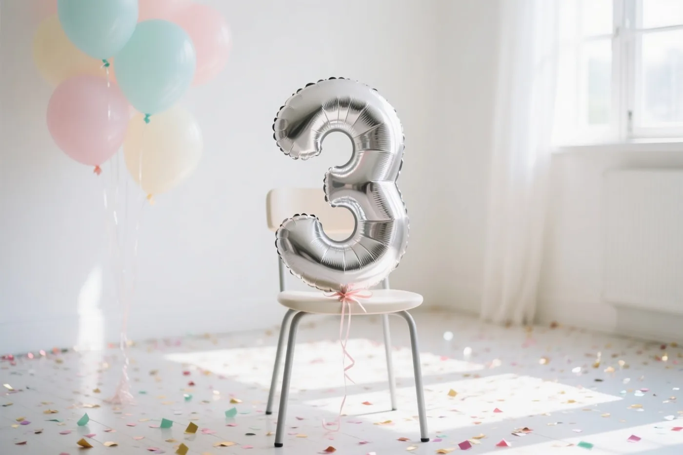 Een grote zilveren cijferballon 3 is vastgemaakt aan een witte stoel in een lichte kamer, met kleurrijke confetti op de vloer en pastelballonnen bij een raam.