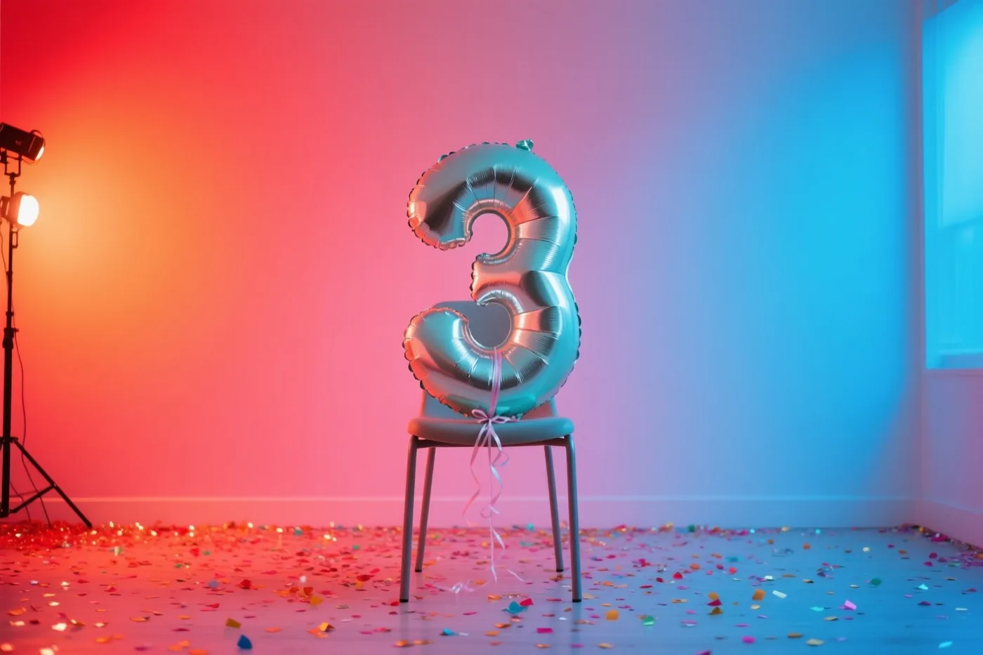 Een zilveren cijferballon 3 is vastgemaakt aan een stoel in een lichte kamer met kleurrijke confetti op de vloer en rood, roze en blauw licht op de muren.