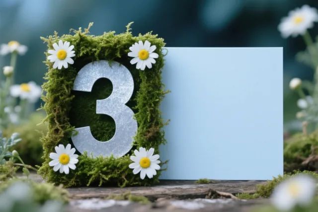 Een zilveren uitgesneden cijfer 3 staat in een vierkant kader van groen mos met vier witte madeliefjes, tegen een wazige tuinachtergrond.