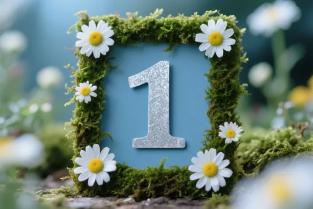 Een zilveren glittercijfer 1 staat in een vierkant kader van groen mos met witte madeliefjes, tegen een wazige tuinachtergrond.