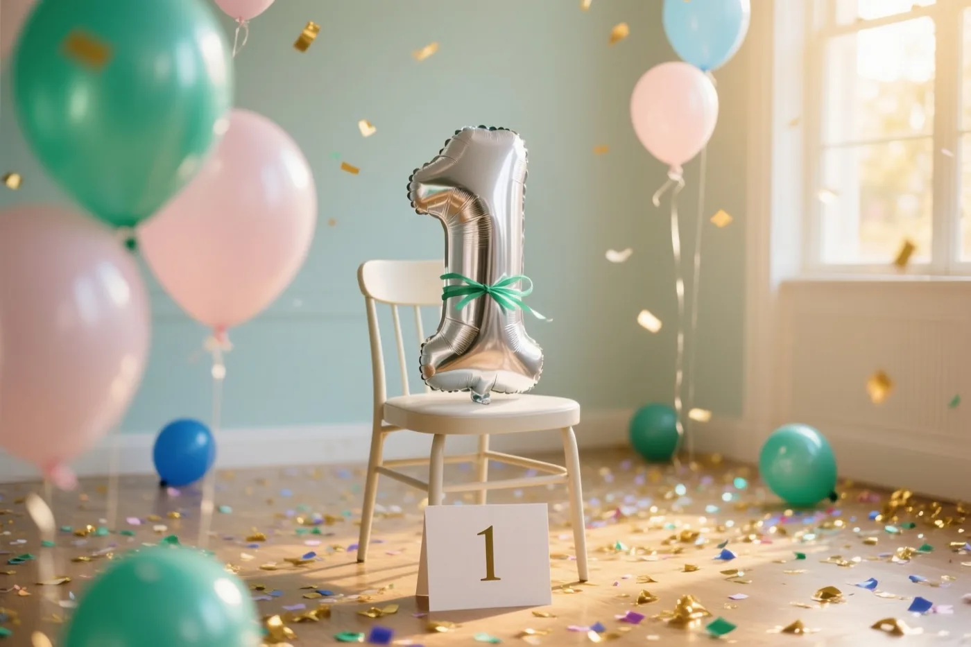 Een zilveren cijferballon 1 is met een groen lint aan een witte stoel vastgemaakt, met pastelkleurige ballonnen eromheen en gouden en pastelkleurige confetti op de vloer.