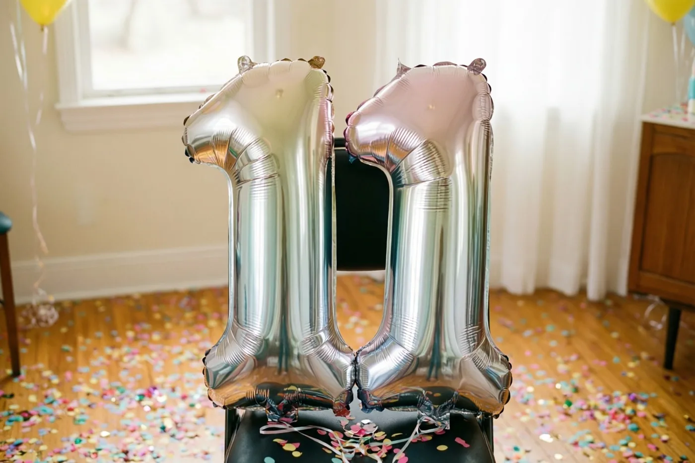 Twee grote zilveren folieballonnen vormen 11 en zijn vastgemaakt aan een zwarte stoel in een lichte kamer met kleurrijke confetti op de houten vloer.