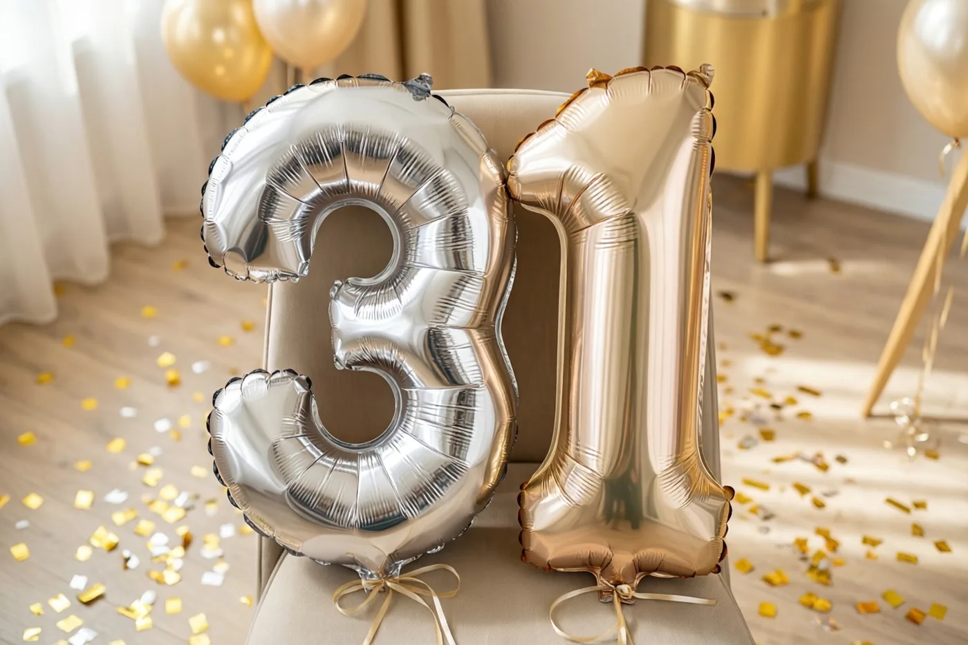 Zilveren en gouden folieballonnen in de vorm van 3 en 1 zijn vastgemaakt aan een stoel in een lichte kamer met confetti op de houten vloer.
