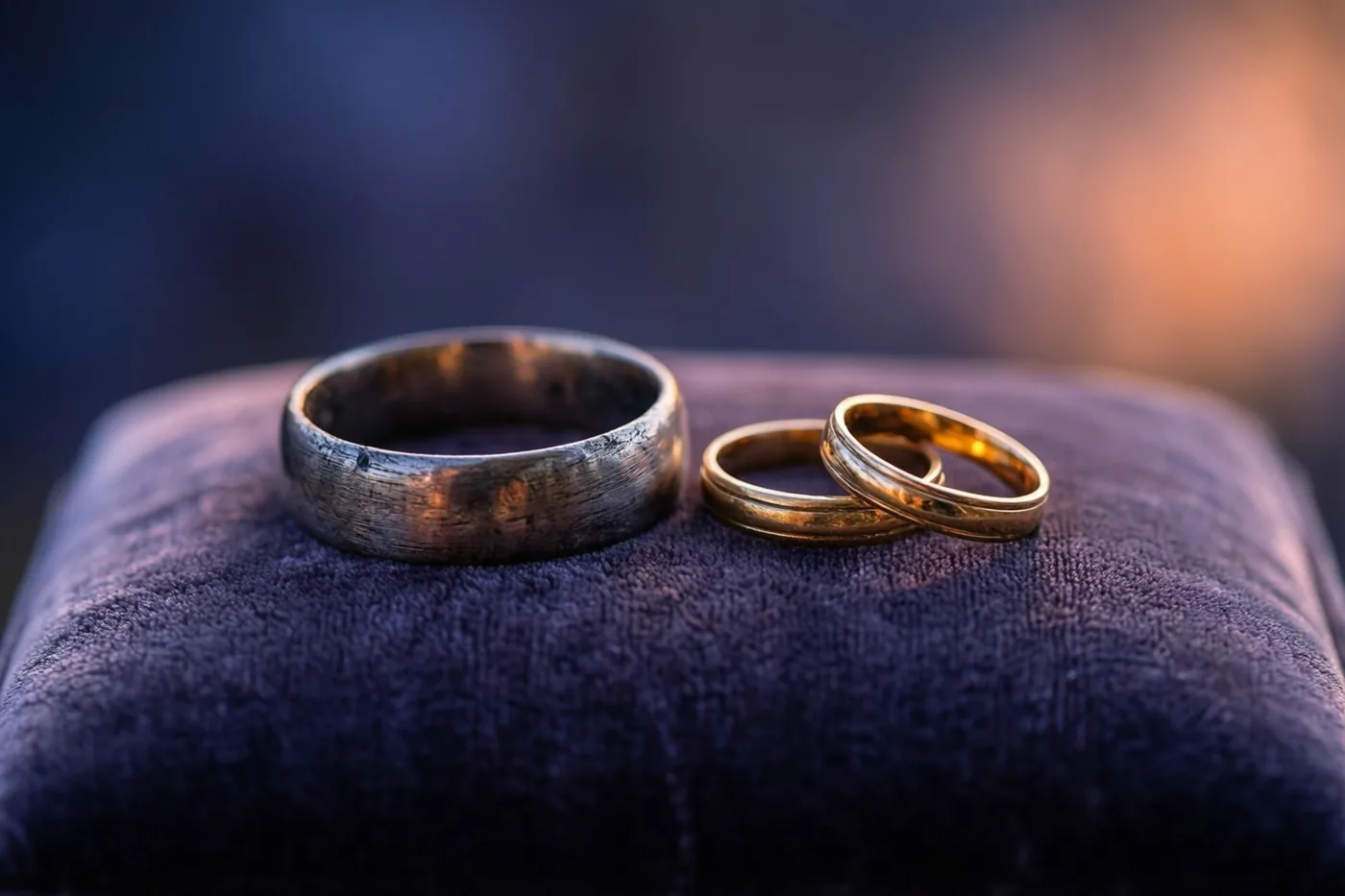 Een versleten zilveren ring en twee nieuwe gouden ringen liggen op een donkerpaars fluwelen kussen in zacht warm licht.