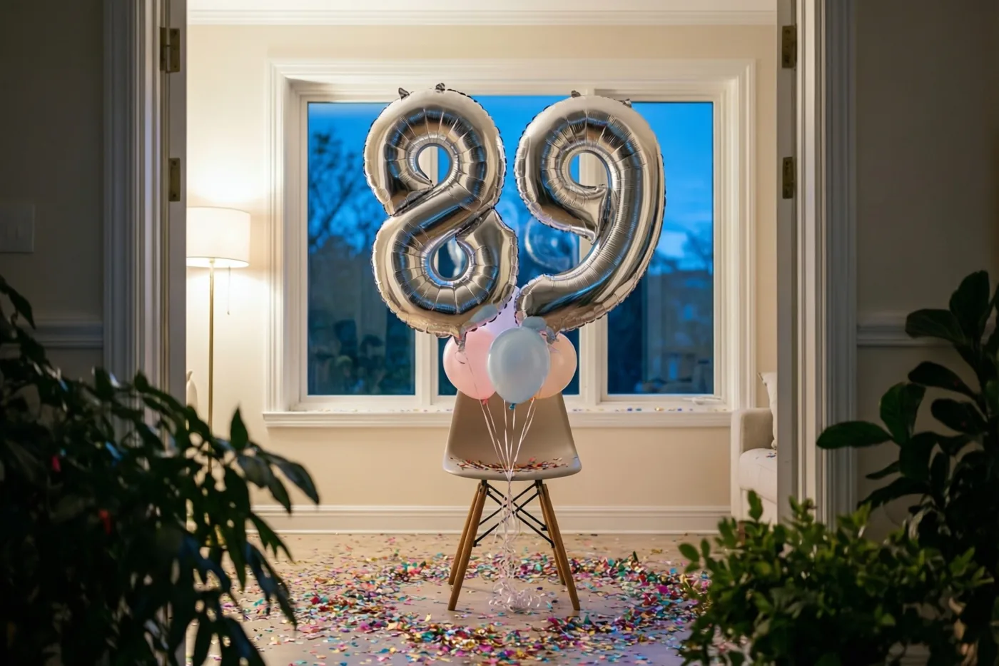 Zilveren en pastelkleurige cijferballonnen vormen 89 aan een stoel in een lichte kamer met confetti op de vloer en een blauwe avondlucht achter het raam.