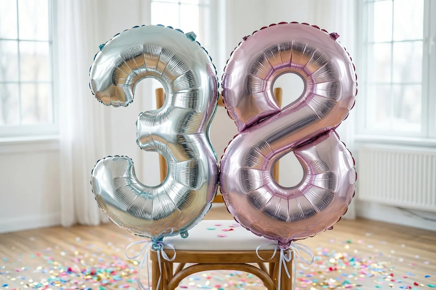 Zilveren en pastelroze folieballonnen in de vorm van 3 en 8 zijn aan een stoel vastgemaakt in een lichte kamer met confetti op de houten vloer.