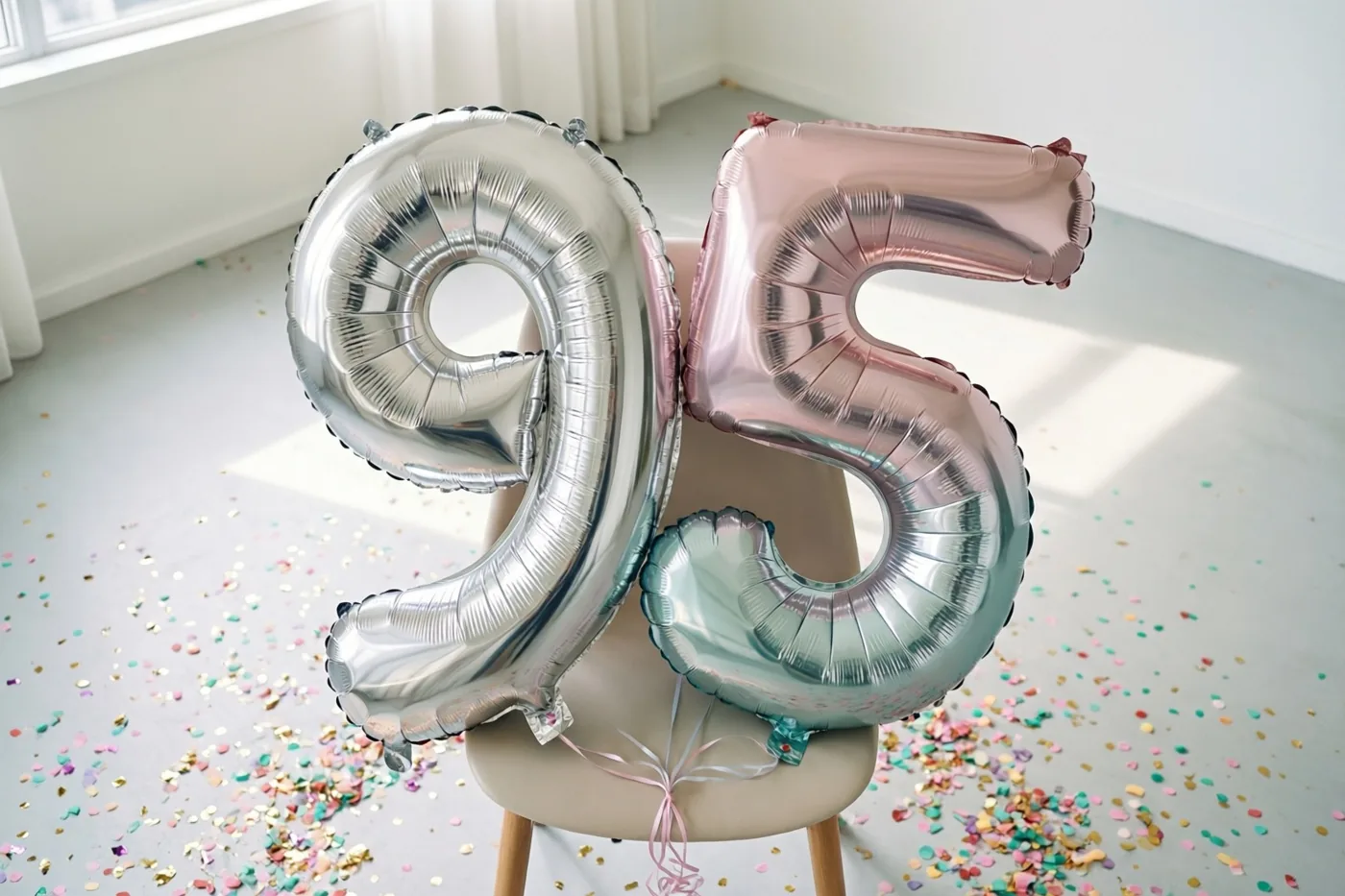 Twee grote zilveren en roségouden folieballonnen in de vorm van 9 en 5 zijn aan een stoel vastgemaakt in een lichte, sober ingerichte kamer met kleurrijke confetti op de vloer.