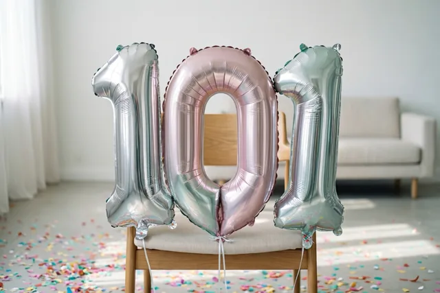 Zilveren en pastelroze folieballonnen in de vorm van 101 hangen aan een stoel in een lichte, sober ingerichte kamer met kleurrijke confetti op de vloer.