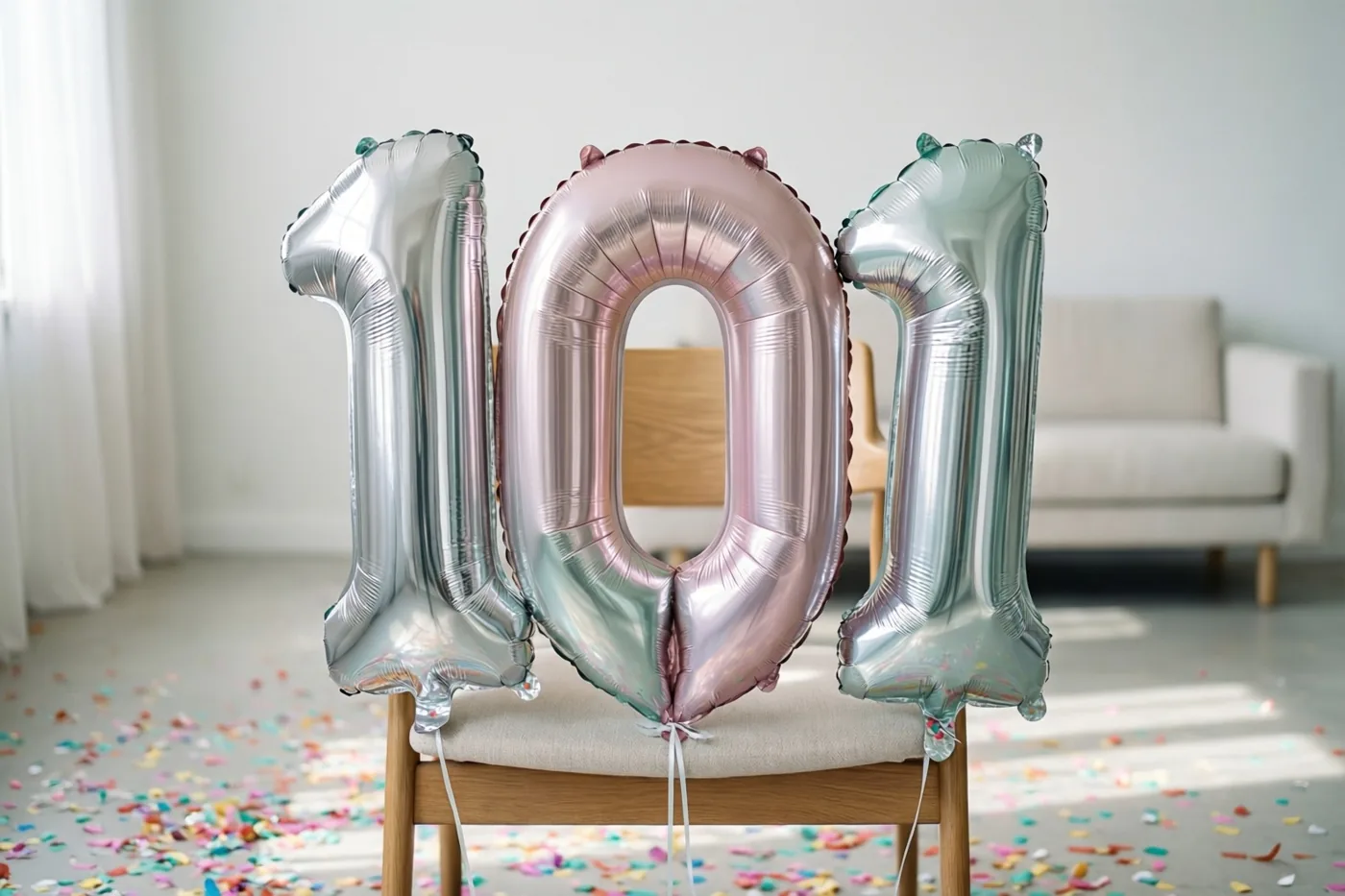 Zilveren en pastelroze folieballonnen in de vorm van 101 hangen aan een stoel in een lichte, sober ingerichte kamer met kleurrijke confetti op de vloer.