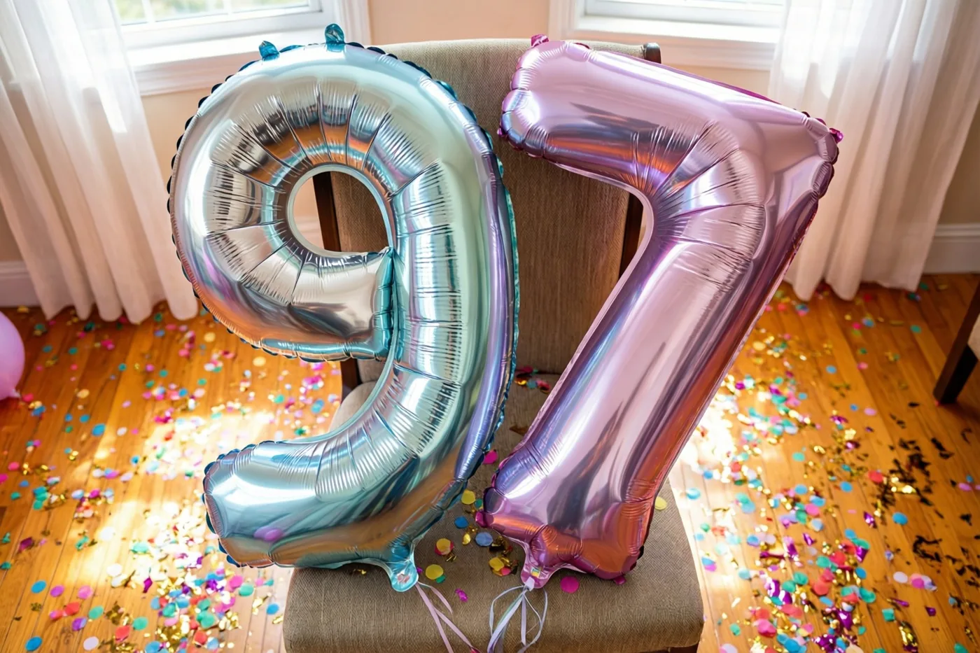 Zilveren en pastelroze folieballonnen in de vorm van 9 en 7 zijn aan een stoel vastgemaakt in een lichte kamer met confetti op de houten vloer.