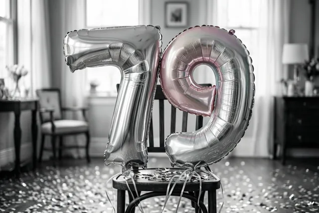 Twee grote folieballonnen in de vorm van een 7 en een 9 zijn vastgemaakt aan een stoel in een lichte kamer met confetti op de vloer, in zilveren en pastelroze tinten.