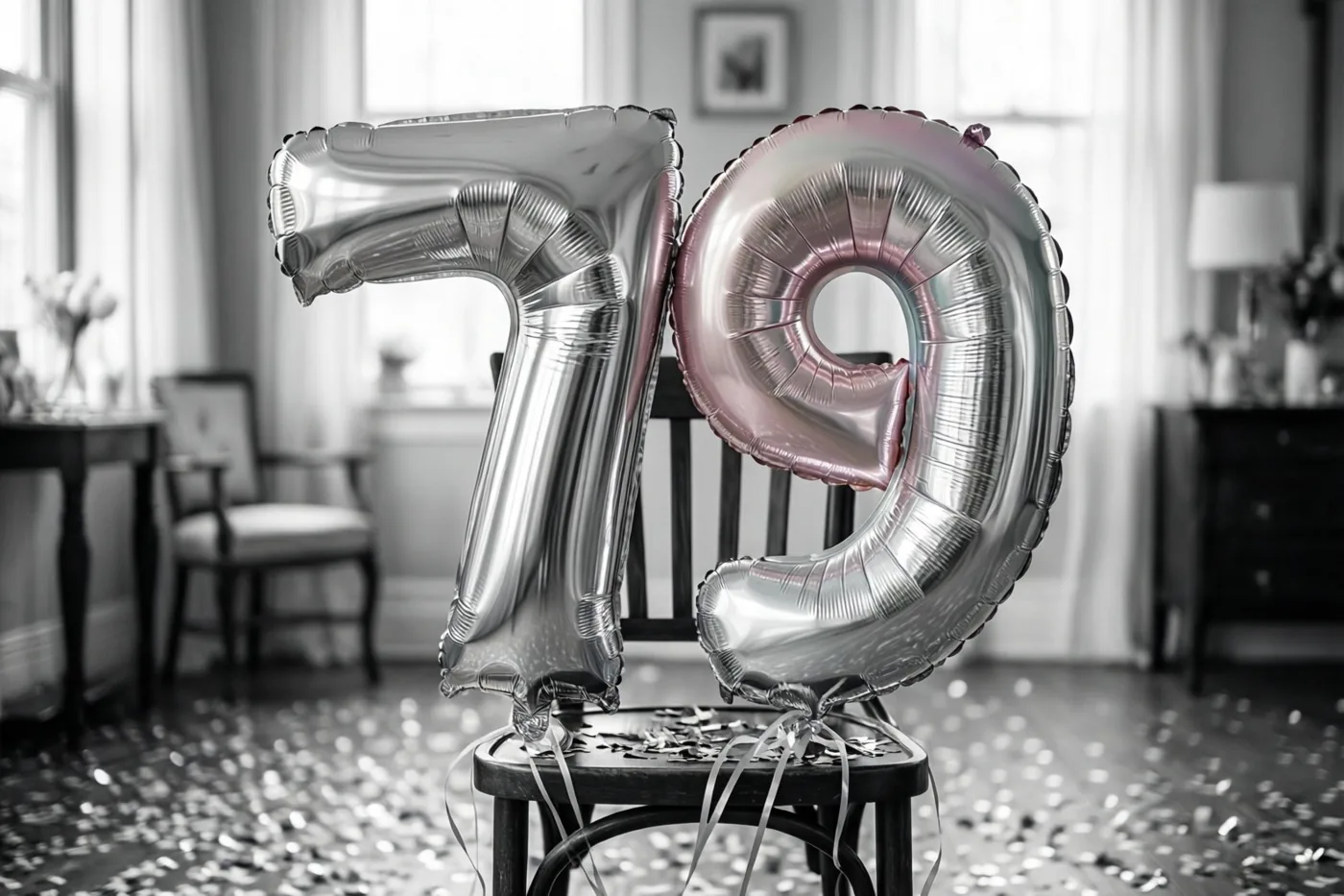 Twee grote folieballonnen in de vorm van een 7 en een 9 zijn vastgemaakt aan een stoel in een lichte kamer met confetti op de vloer, in zilveren en pastelroze tinten.