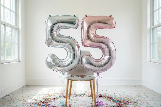 Zilveren en roségouden folieballonnen vormen 55 aan een stoel in een lichte witte kamer, met kleurrijke confetti op de vloer en vensterbanken.