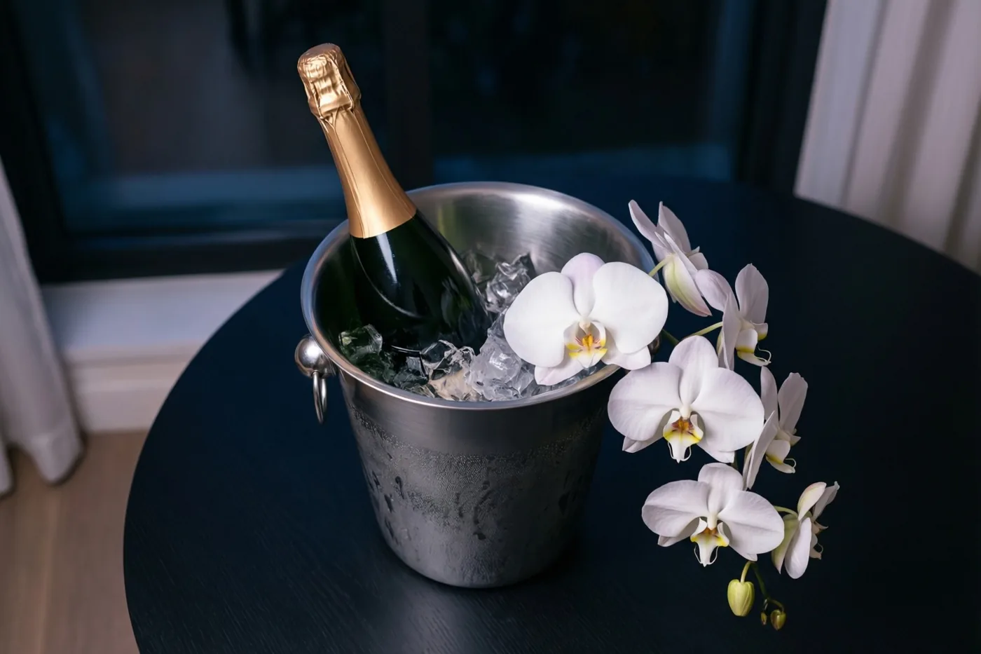 Een zilveren ijsemmer met een fles champagne en witte orchideeën staat binnen op een donkere tafel, met een raam en gordijnen op de achtergrond.