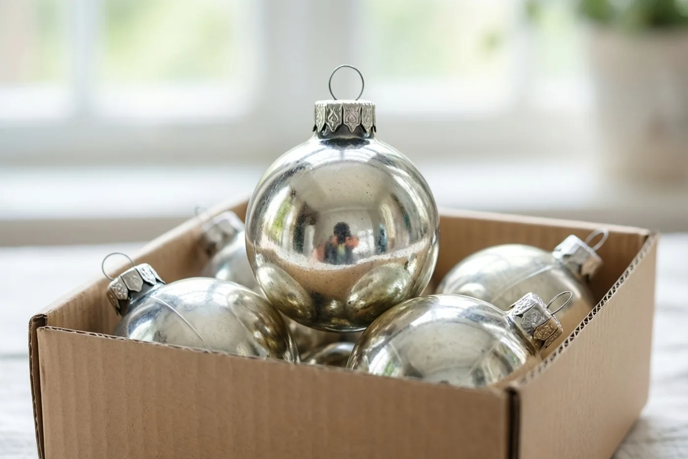 Een kartonnen doos met glanzende zilveren kerstballen van spiegelend glas staat binnen bij een raam in zacht daglicht.