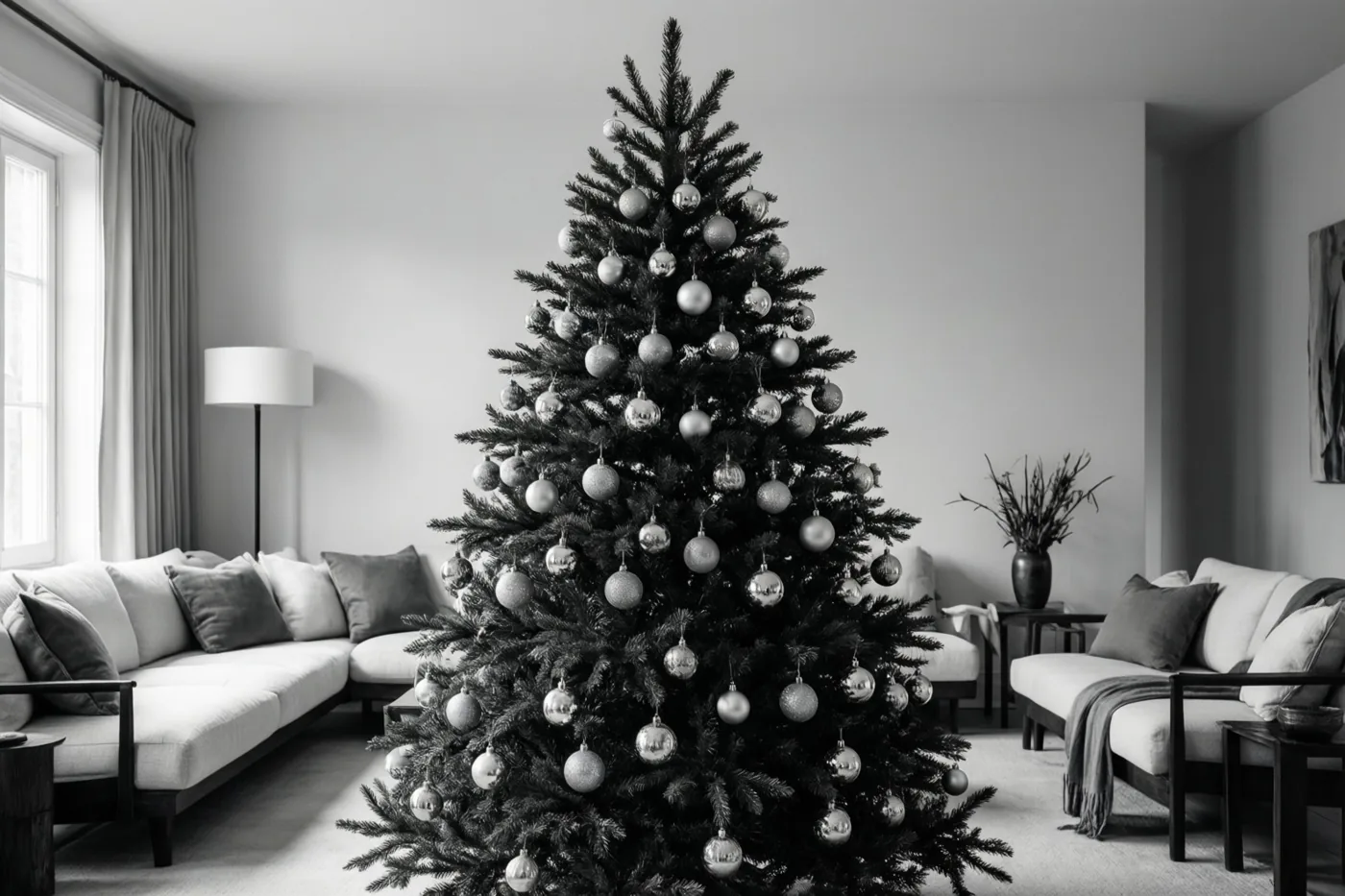 Een kerstboom in één kleurtoon met zilveren kerstballen staat centraal in een minimalistische woonkamer met moderne meubels, neutrale tinten en zacht daglicht uit een raam.